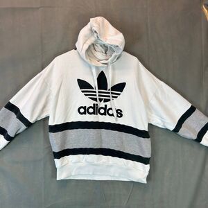 Adidas Hoodie Men's Medium White & Grey Pullover Logo Striped Casual Outdoor